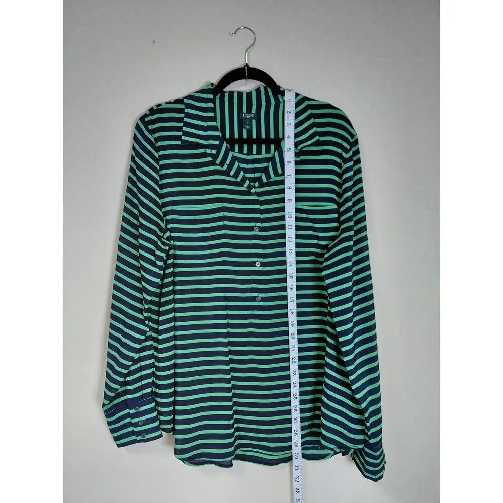 J.Crew 100% Silk Green Lightweight Striped Button-Up Shirt Women Size XL